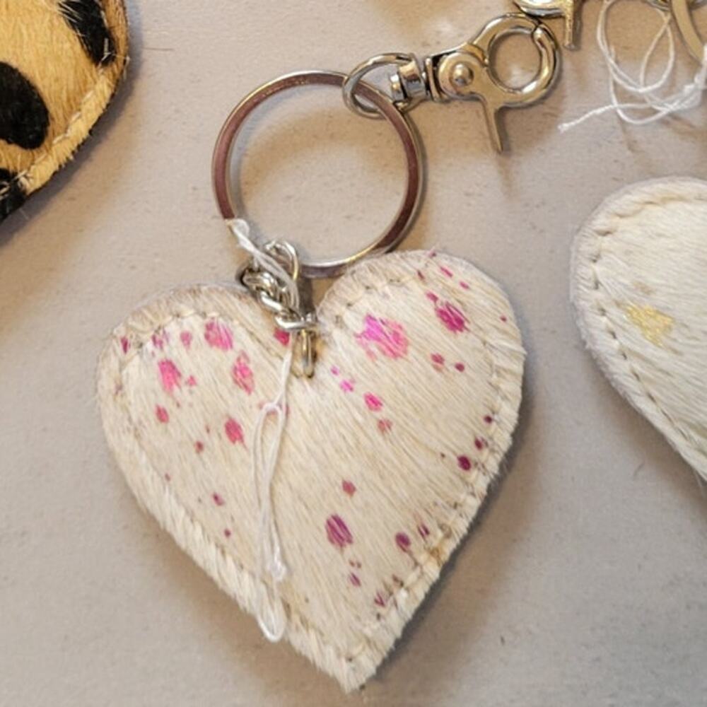 Cowhide Keychain Western Heart White Metallic Pink